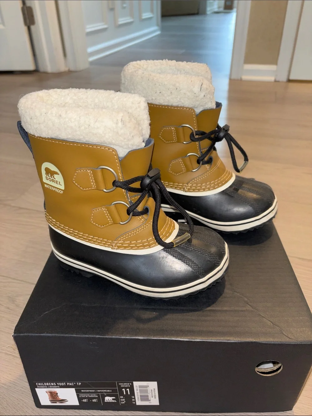 Sorel Children’s Yoot Pac Tan and Black Waterproof Winter Boots (size 11)